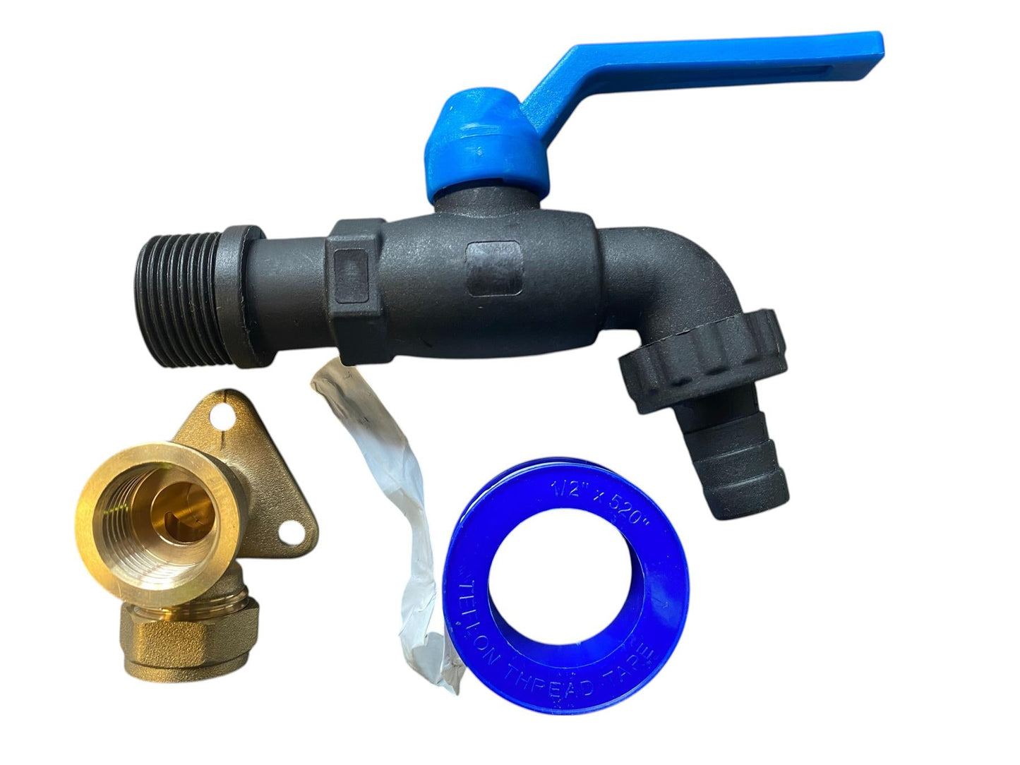 15mm Brass Wall Flange Kit with Nylon 1/2" Barb Garden Tap and PTFE Tape Kit