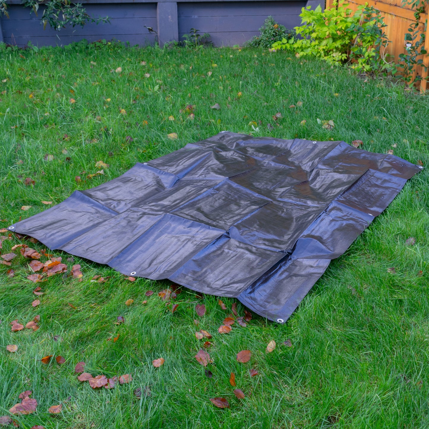 Black/Silver L-Grade Tarpaulin with 10 x 6" Bungee Balls (Black) and 10 x Screw Type Tarp Clips