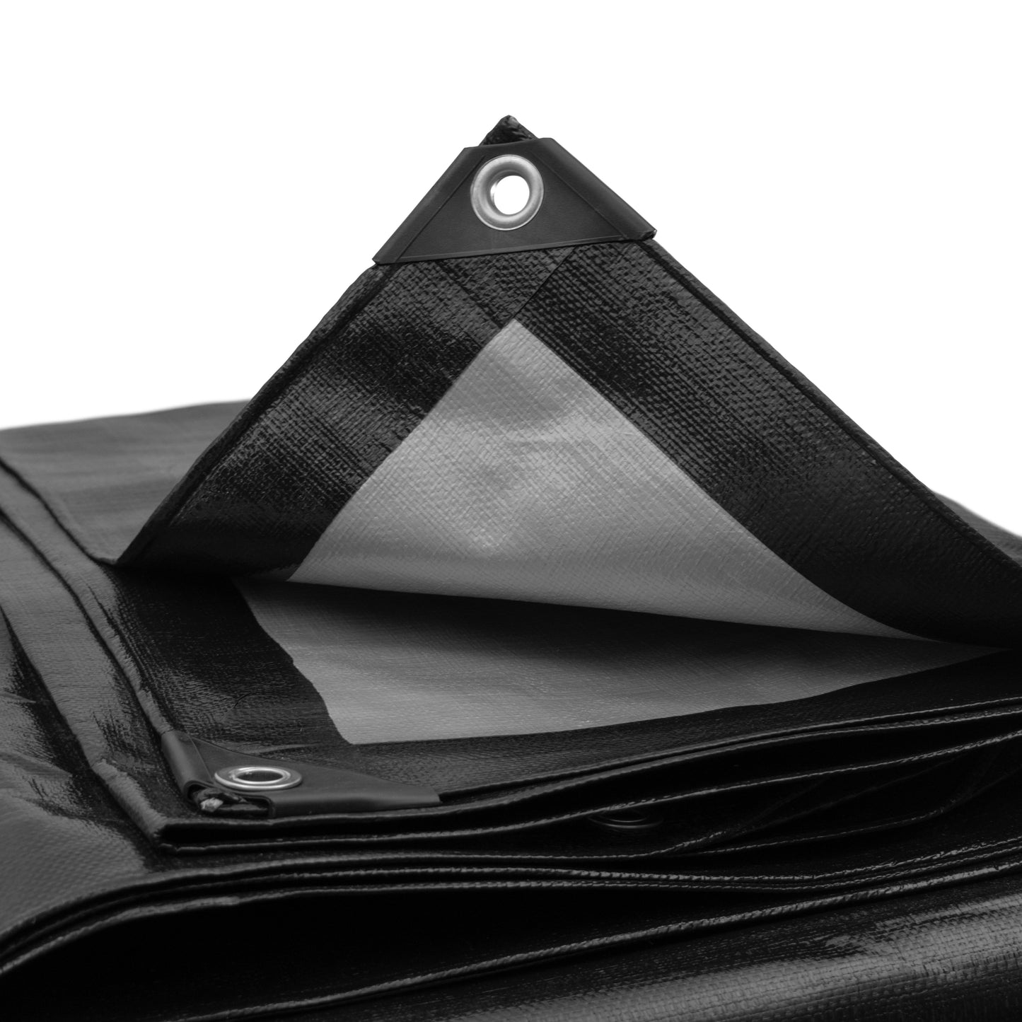 Black/Silver L-Grade Tarpaulin with 10 x 6" Bungee Balls (Black) and 10 x Screw Type Tarp Clips