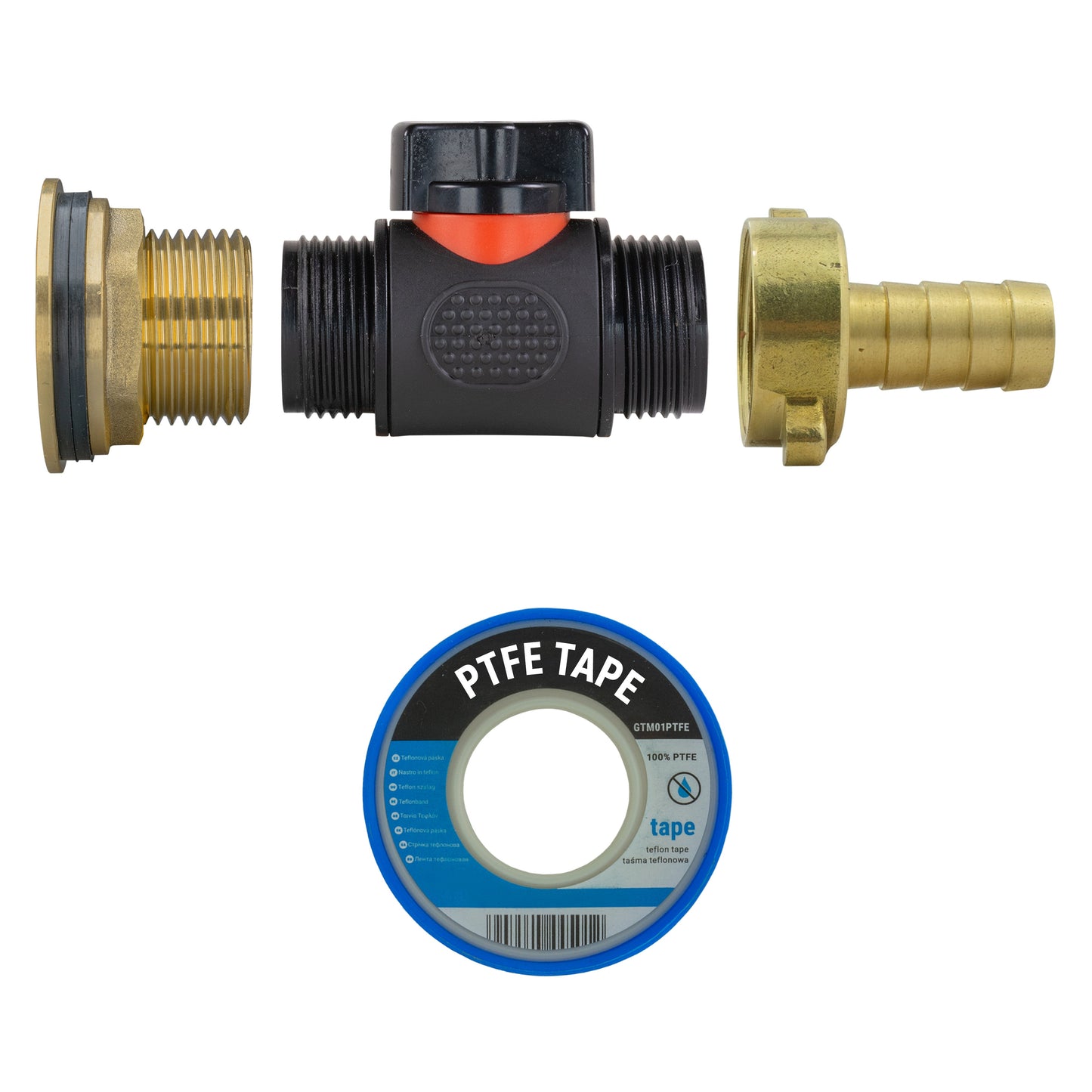 Water Butt Brass Kit 1" with In-Line Valve + 1/2" Brass Barb and Drill Bit