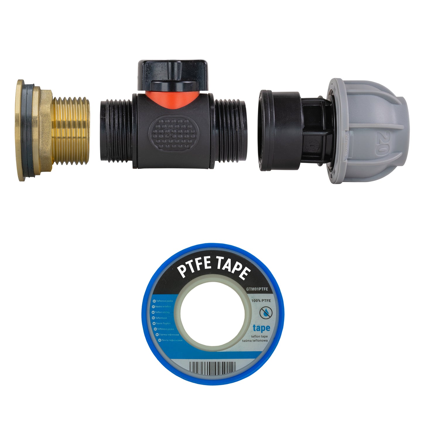 Water Butt Brass Kit 1" with In-Line Valve + 20mm MDPE