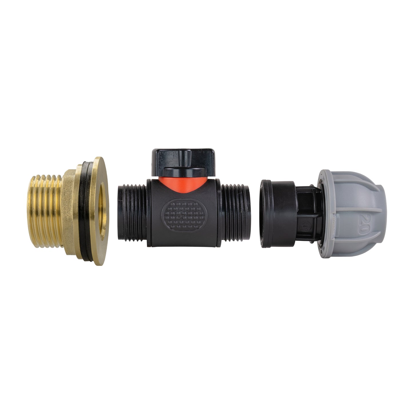 Water Butt Brass Kit 1" with In-Line Valve + 20mm MDPE