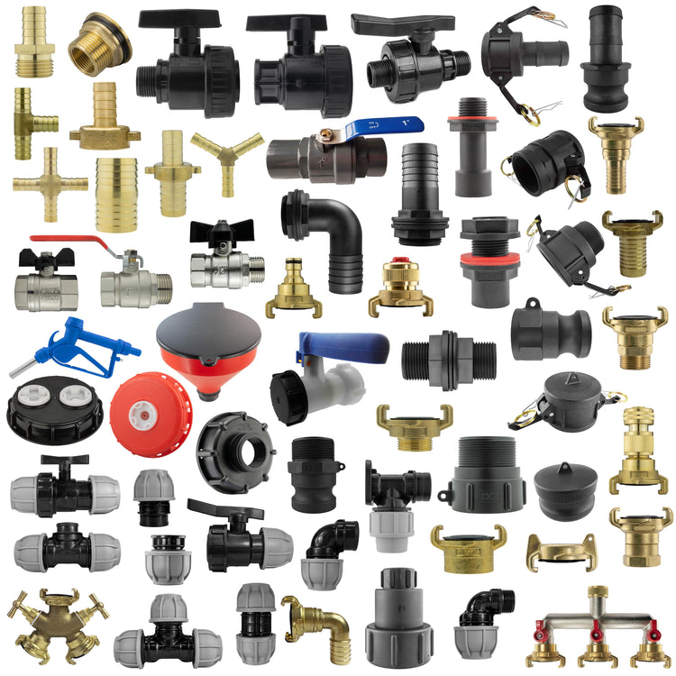 Camlock fittings, MDPE fittings, Geka style fittings, IBC connectors, Water Butt connectors, Brass connectors, Full flow valves, PP fittings, Nuts & washers.