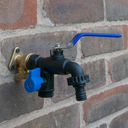 15mm Brass Wall Flange Kit with Garden Lever Double Tap Black/Blue and PTFE Tape Kit