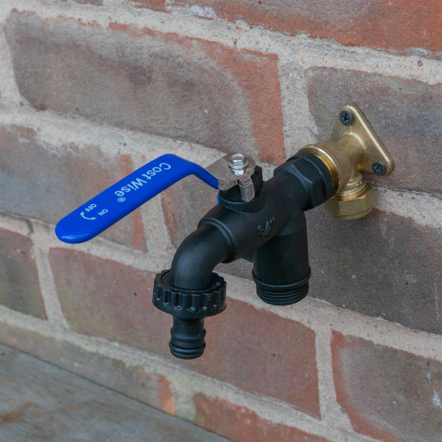 15mm Brass Wall Flange Kit with Garden Lever Double Tap Black/Blue and PTFE Tape Kit