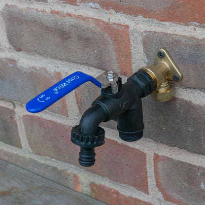 15mm Brass Wall Flange Kit with Garden Lever Double Tap Black/Blue and PTFE Tape Kit