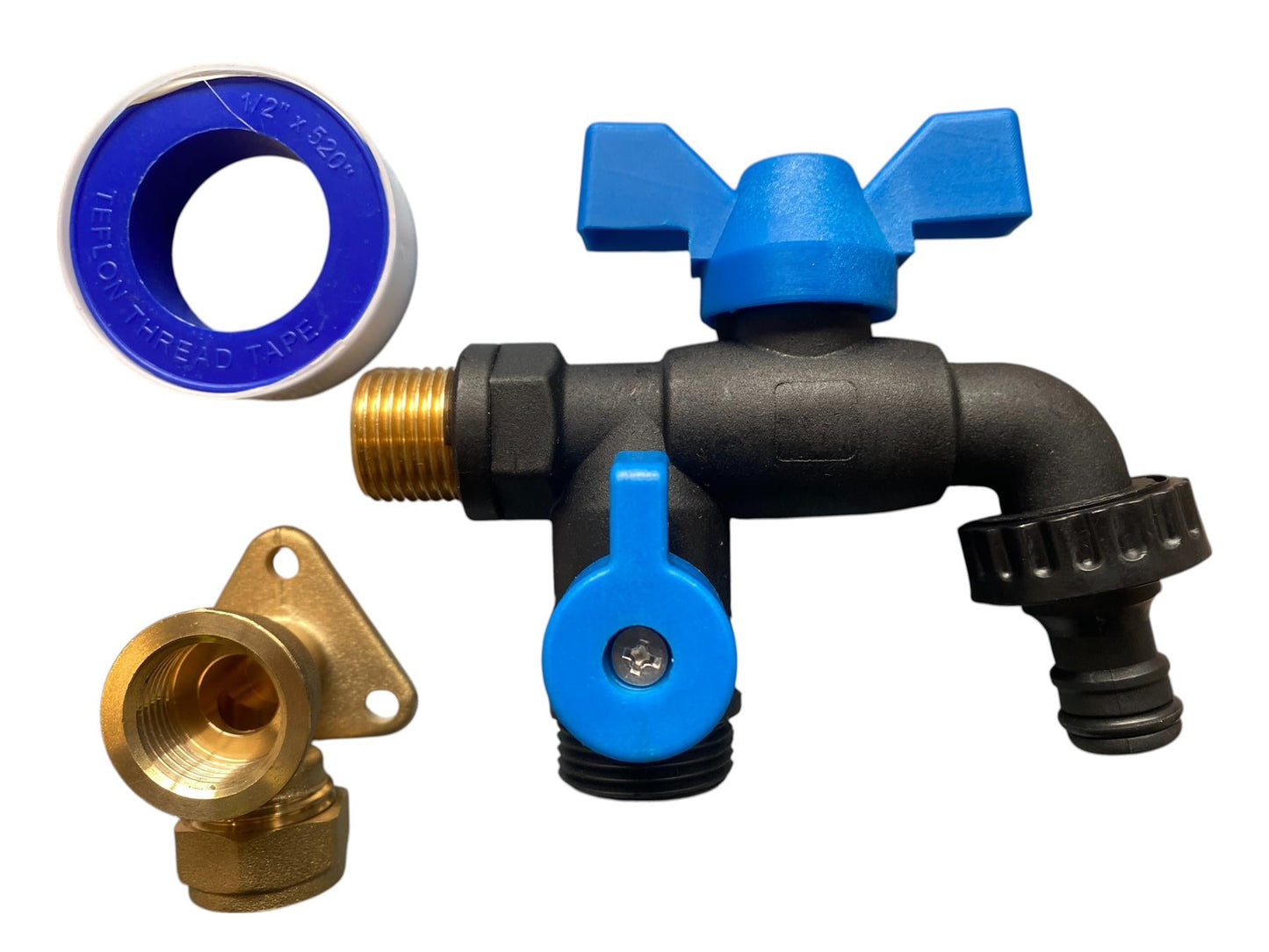 15mm Brass Wall Flange Kit with Garden Bib Double Tap Black/Blue and PTFE Tape Kit