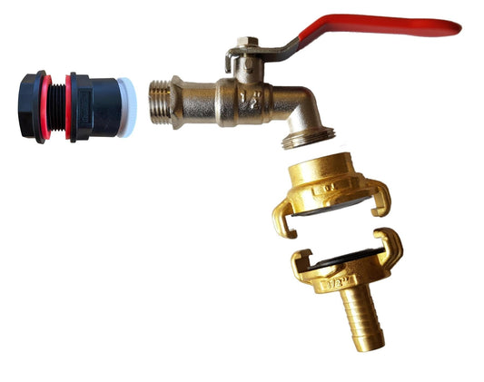 Water Butt Connector 1" BSP with Garden Lever Tap with Geka Type Claw and 1" Hose Barb Connector
