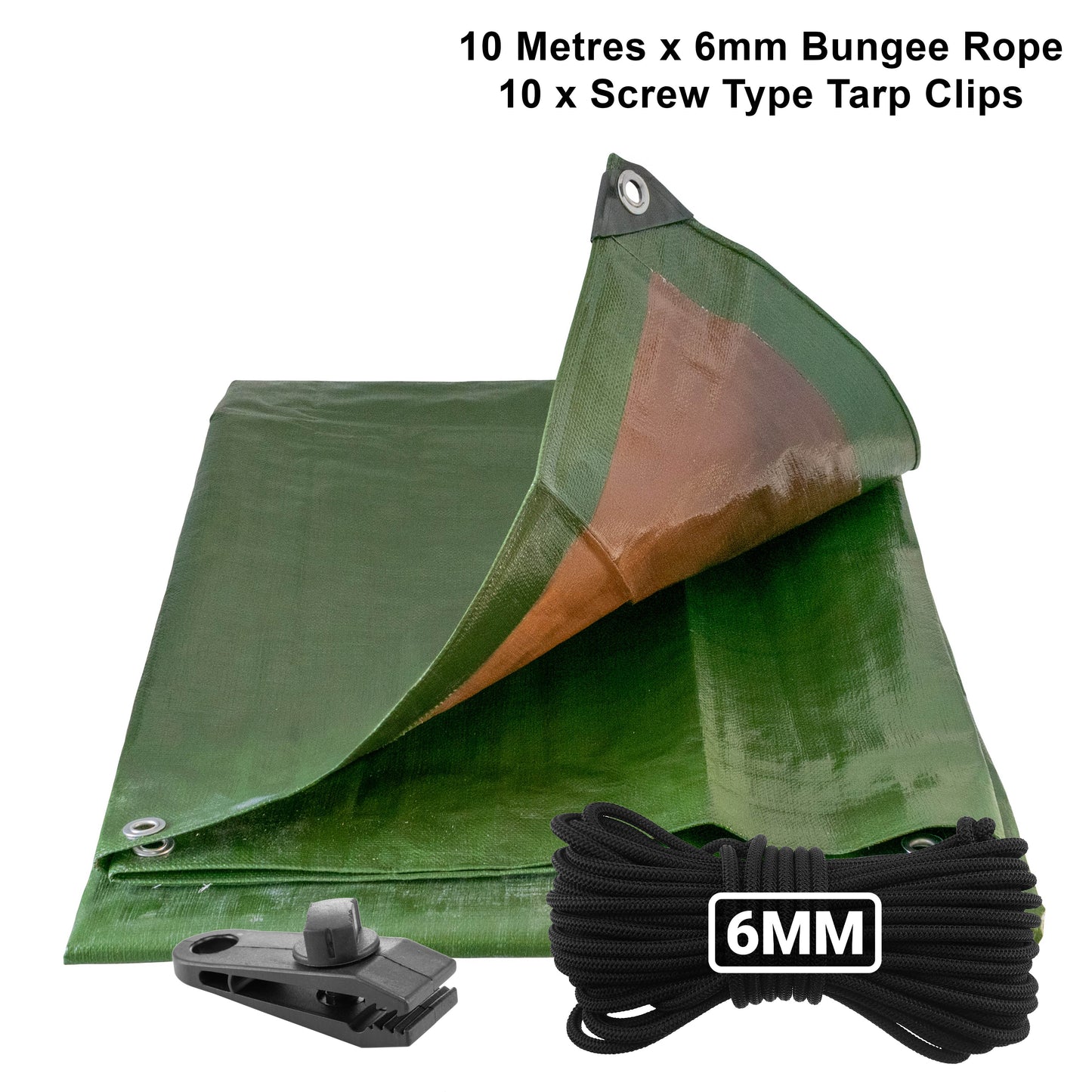 Green/Brown L-Grade Tarpaulin with 10m of 6mm Bungee Rope and 10 x Screw Type Tarp Clips