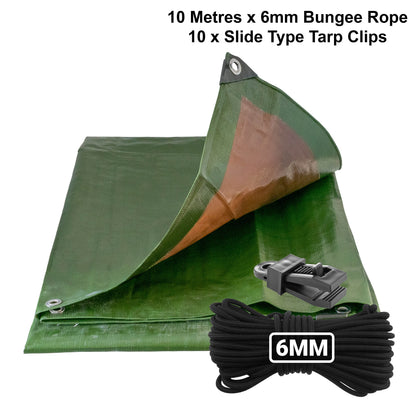Green/Brown L-Grade Tarpaulin with 10m of 6mm Bungee Rope and 10 x Slide Type Tarp Clips
