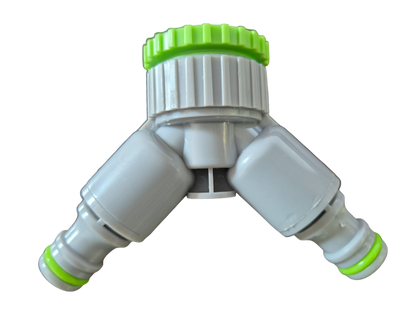 2-Way Tap Connector With Valves 1" or 3/4" BSP Female, Green/Gray