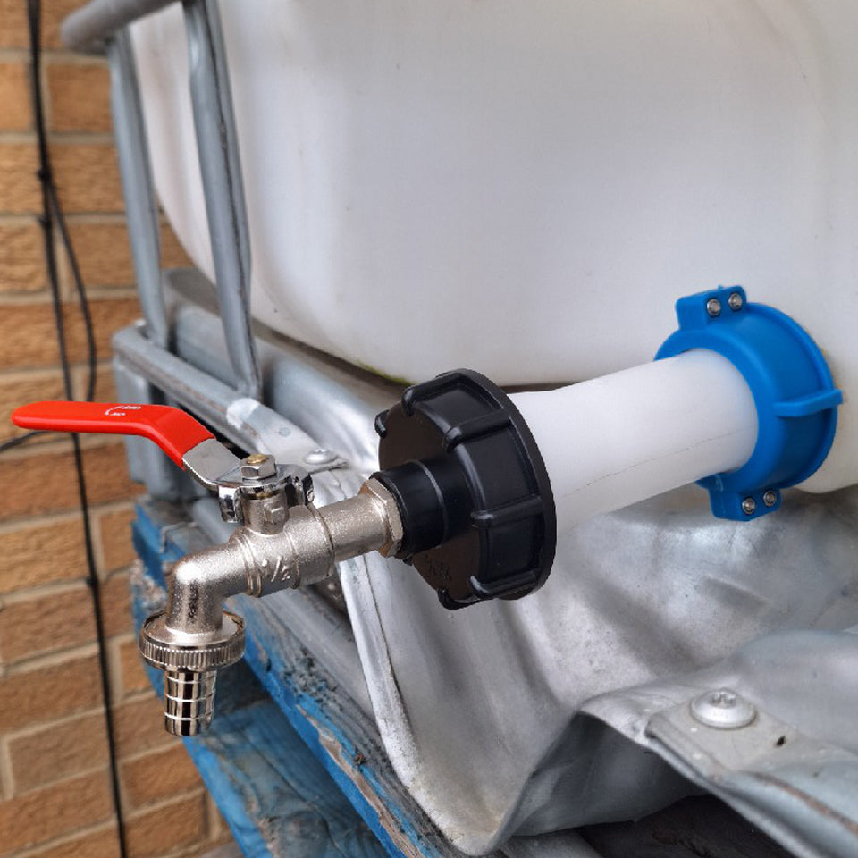 IBC S60x6 M-F Extender Swivel with S60x6 Cap and ½” Barb Lever Tap