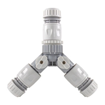 2-Way Tap Connector with 3 x Quick Connect Outlets and 3 x Standard 1/2" Hose Connectors (Grey/White)