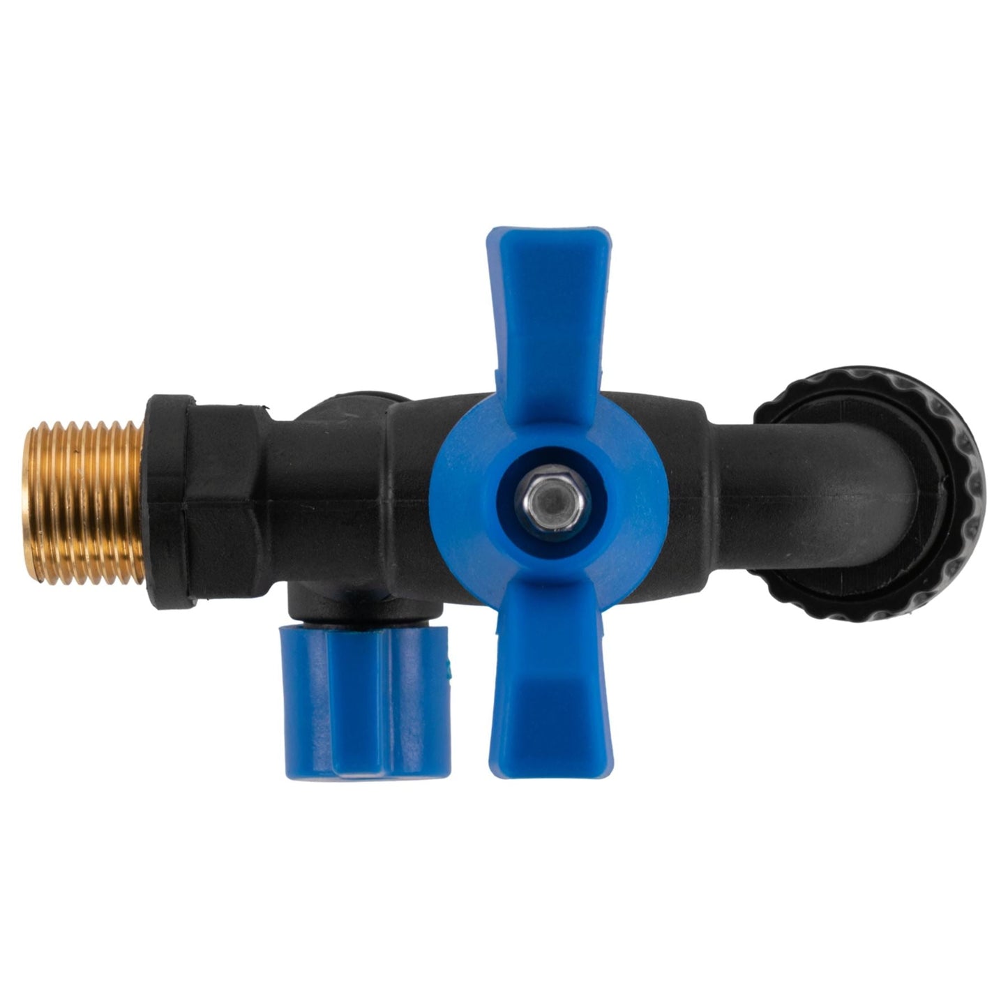15mm Brass Wall Flange Kit with Garden Bib Double Tap Black/Blue and PTFE Tape Kit