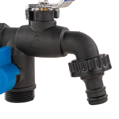 15mm Brass Wall Flange Kit with Garden Lever Double Tap Black/Blue and PTFE Tape Kit