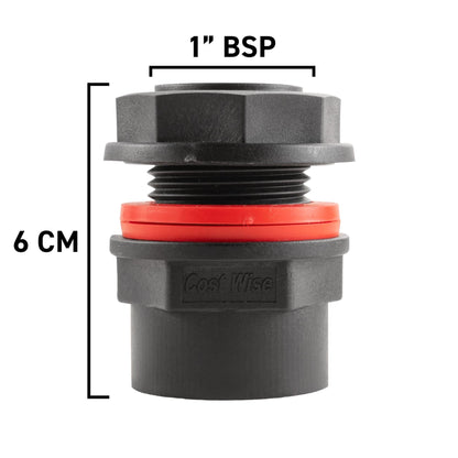 Water Butt Connector 1" BSP with Garden Lever Tap with Geka Type Claw and 1/2" Hose Barb Connector