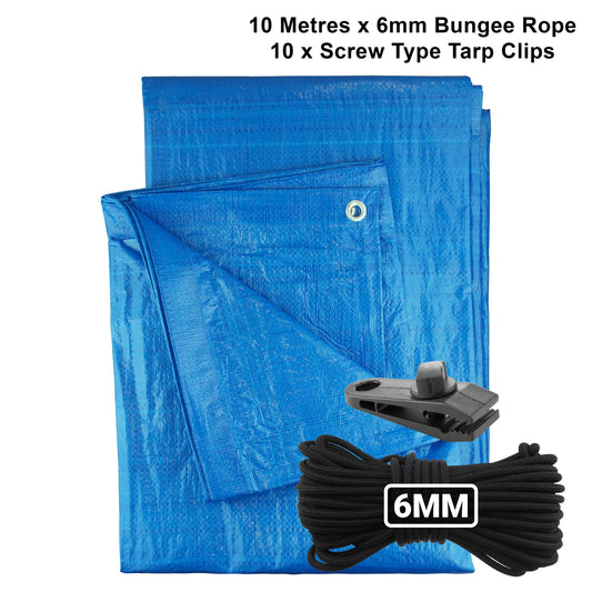 Blue S-Grade Tarpaulin with 10m of 6mm Bungee Rope and 10 x Screw Type Tarp Clips