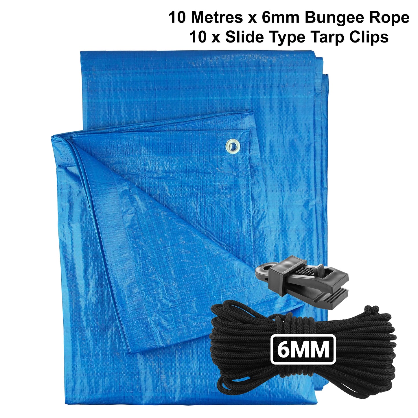 Blue S-Grade Tarpaulin with 10m of 6mm Bungee Rope and 10 x Slide Type Tarp Clips