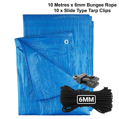 Blue S-Grade Tarpaulin with 10m of 6mm Bungee Rope and 10 x Slide Type Tarp Clips