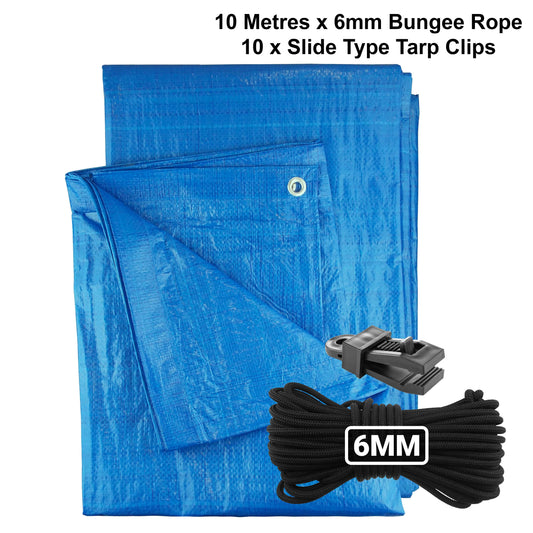 Blue S-Grade Tarpaulin with 10m of 6mm Bungee Rope and 10 x Slide Type Tarp Clips