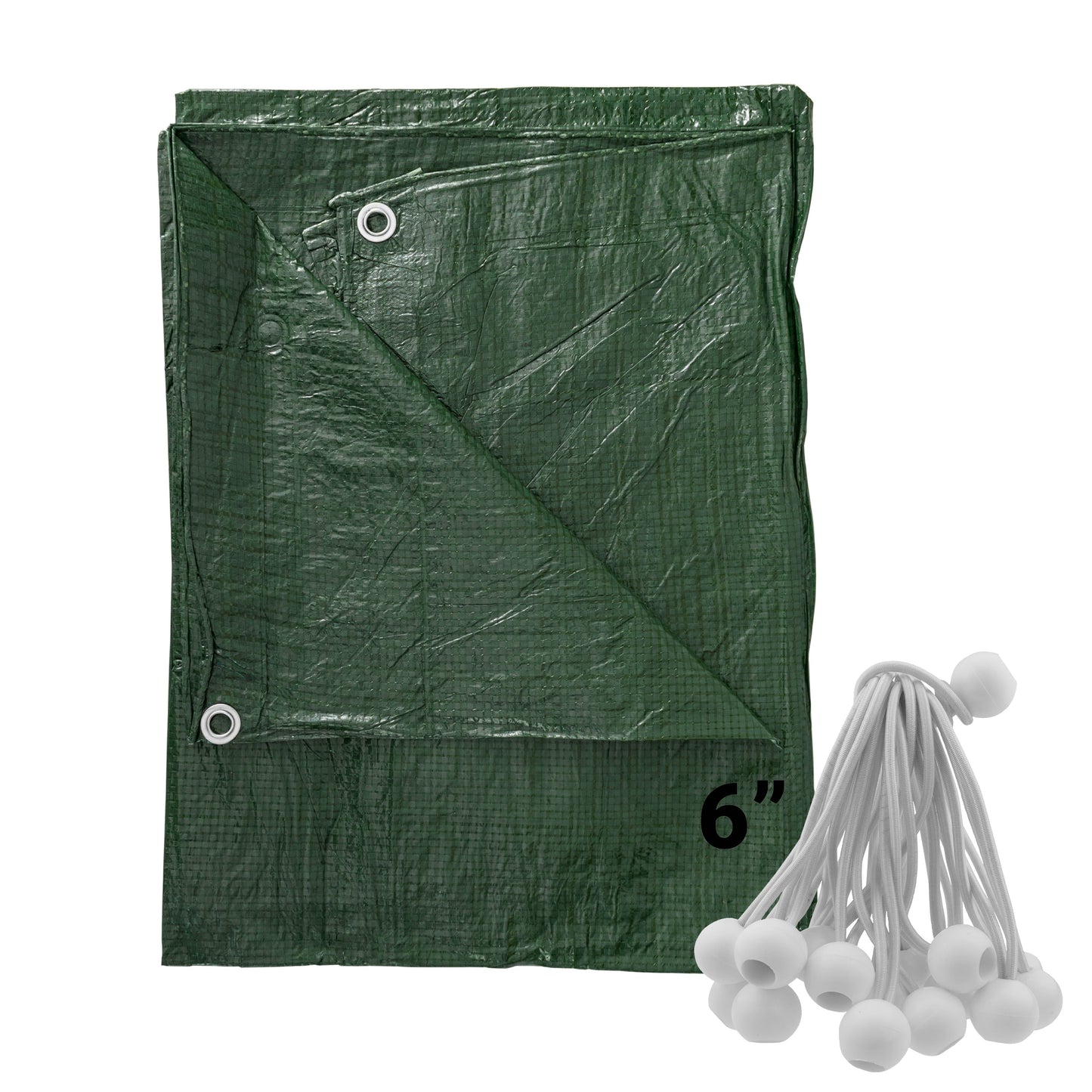 Green S-Grade Tarpaulin with 20 x 6" Bungee Balls (White)