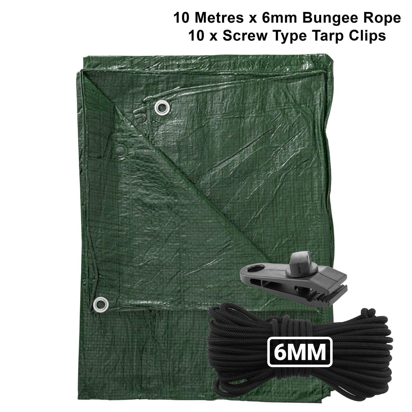 Green S-Grade Tarpaulin with 10m of 6mm Bungee Rope and 10 x Screw Type Tarp Clips