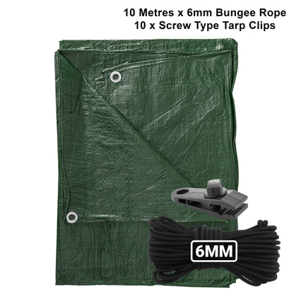 Green S-Grade Tarpaulin with 10m of 6mm Bungee Rope and 10 x Screw Type Tarp Clips