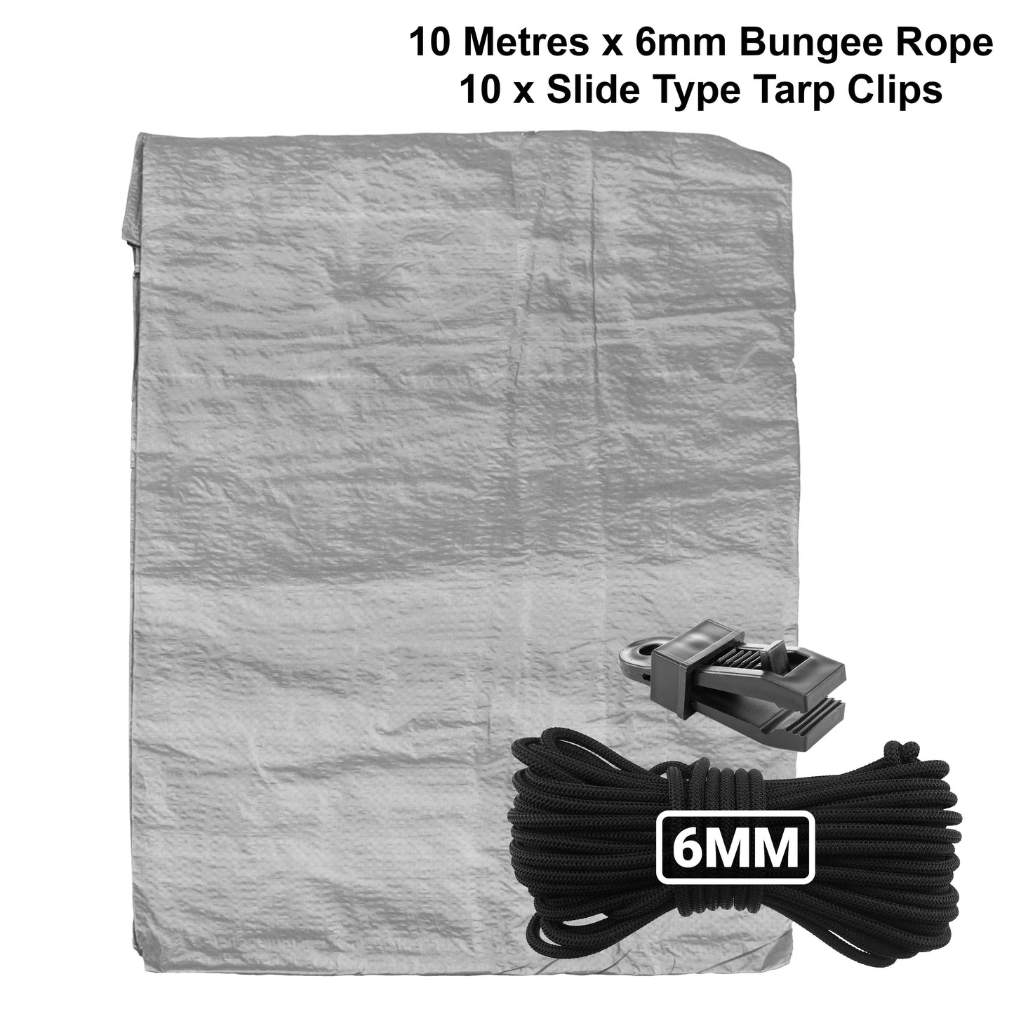 Grey S-Grade Tarpaulin with 10m of 6mm Bungee Rope and 10 x Slide Type Tarp Clips