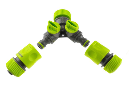 2-Way Tap Connector 3/4" and 1" BSP Inlet and 2 x Hose Connectors (Lime)