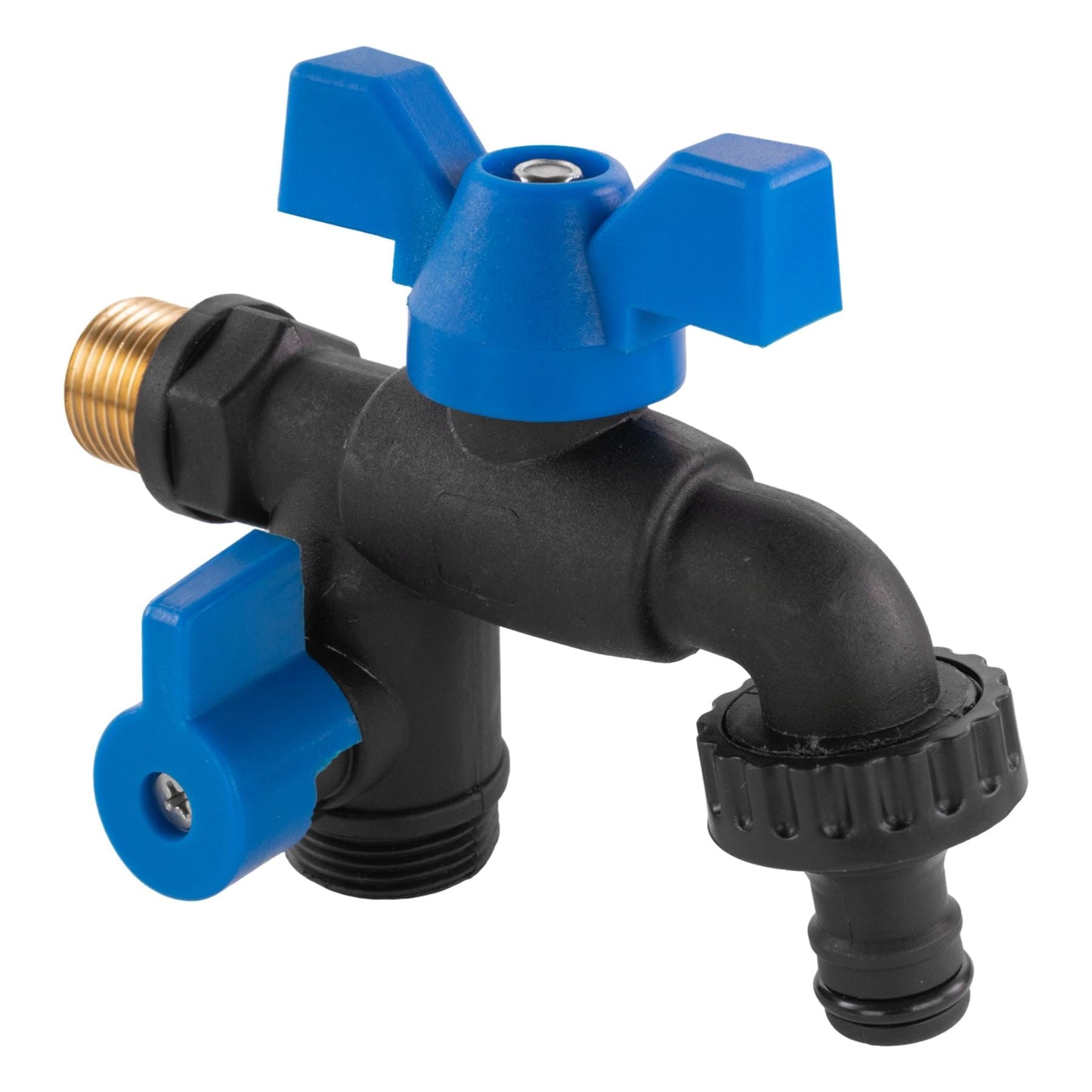 15mm Brass Wall Flange Kit with Garden Bib Double Tap Black/Blue and PTFE Tape Kit