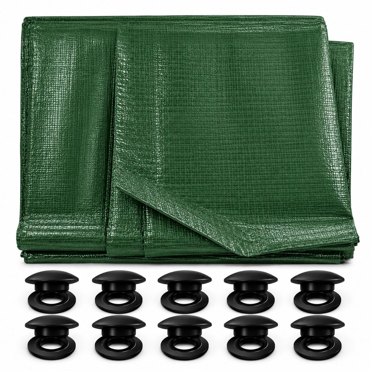 Tarpaulin 90GSM Green with 10 x Clip-On Eyelets Black
