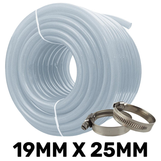 Clear Braided PVC Tech Hose 19*25*3mm 7/28BAR with 2 x A2 Hose Clips Kit