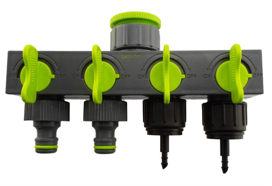 4-Way Valved Splitter Lime with Two Quick Connect and Two 4mm Barb Micro Outlets