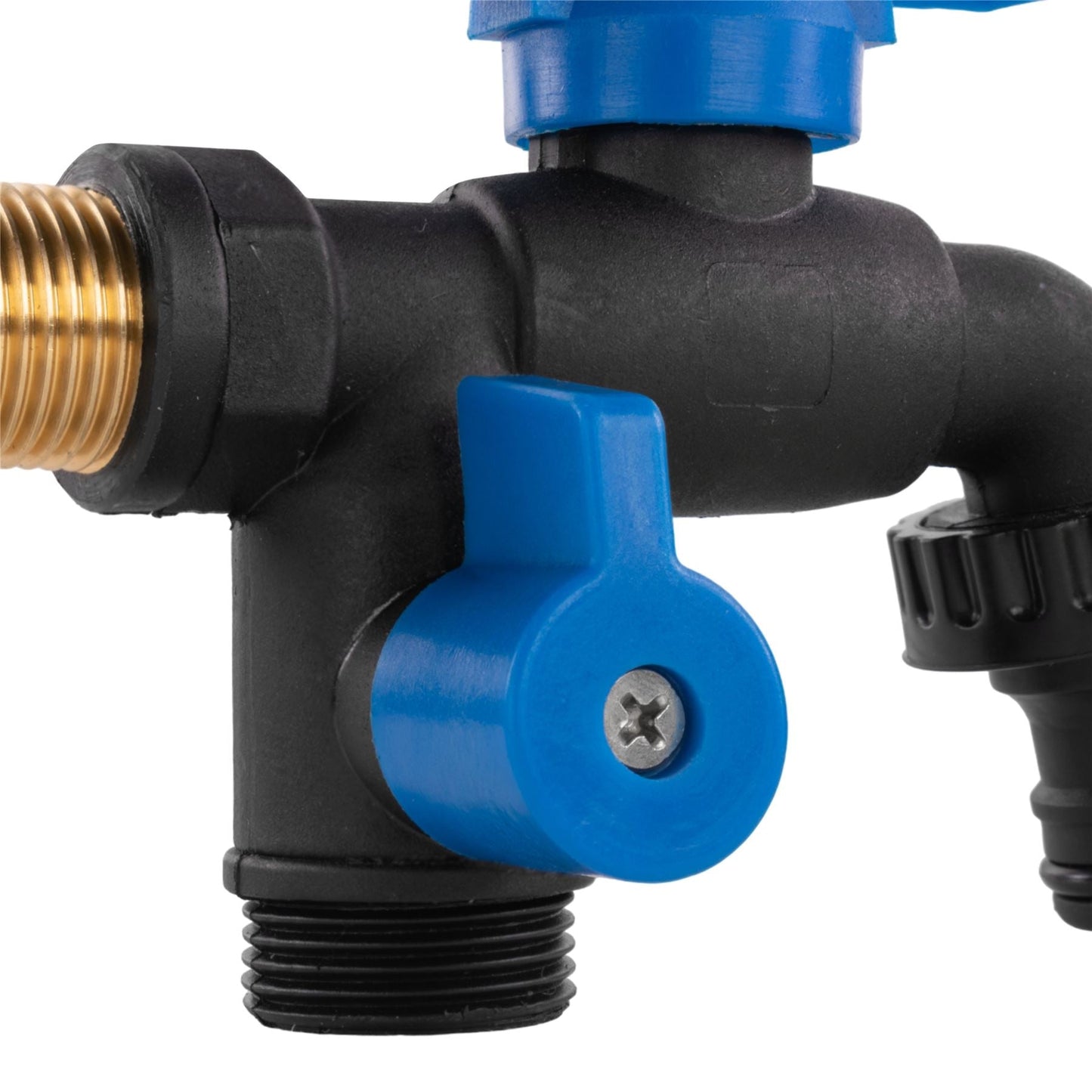 15mm Brass Wall Flange Kit with Garden Bib Double Tap Black/Blue and PTFE Tape Kit