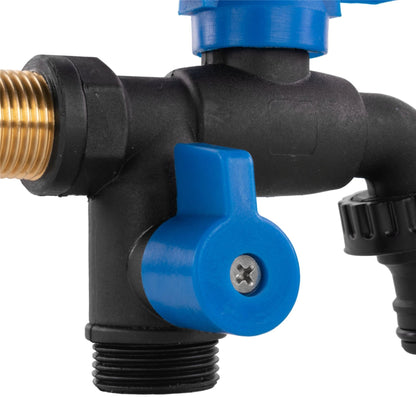 15mm Brass Wall Flange Kit with Garden Bib Double Tap Black/Blue and PTFE Tape Kit