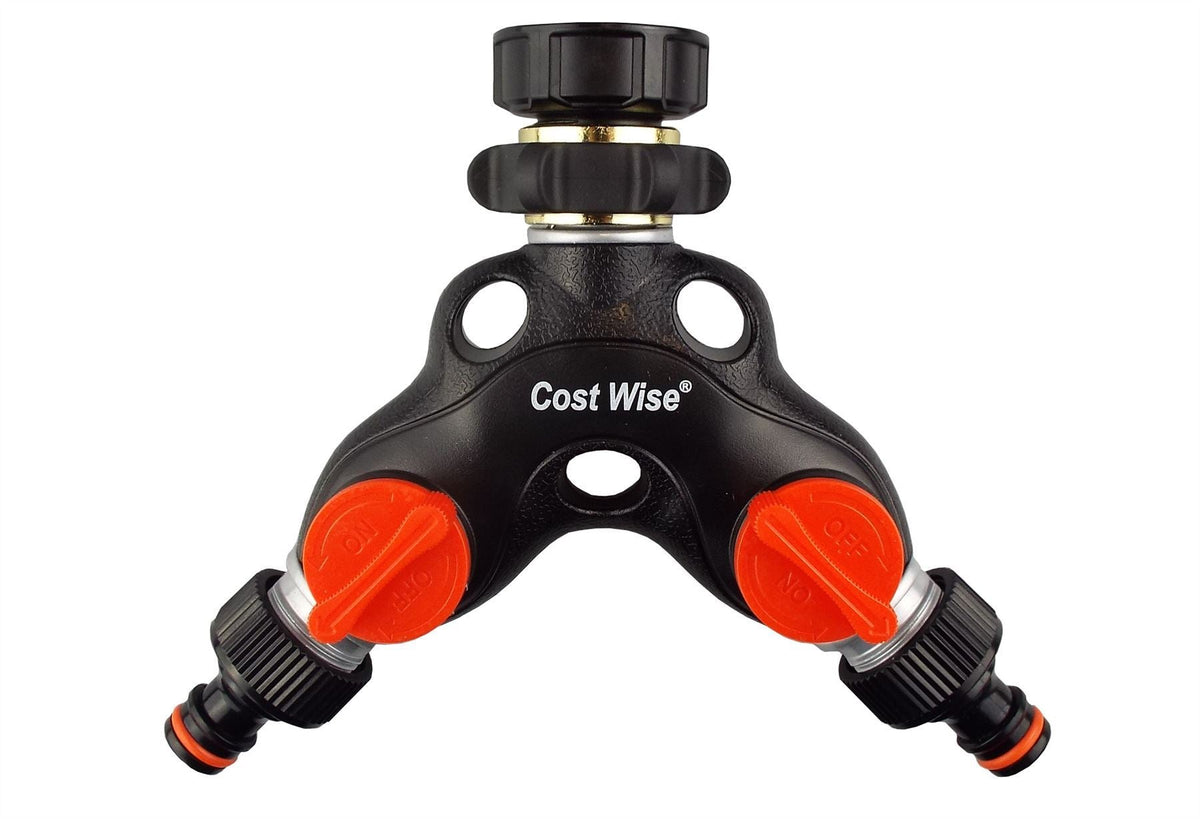 2-Way Tap Connector Snap-On Outlet Metal Black/Orange + 2 x Hose Connectors