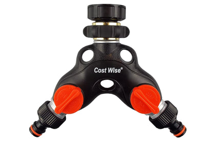 2-Way Tap Connector Snap-On Outlet Metal Black/Orange + 2 x Hose Connectors