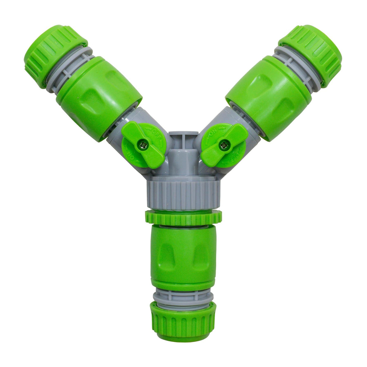 2-Way Tap Connector with 3 x Quick Connect Outlets and 3 x Standard 1/2" Hose Connectors (Grey/Lime)