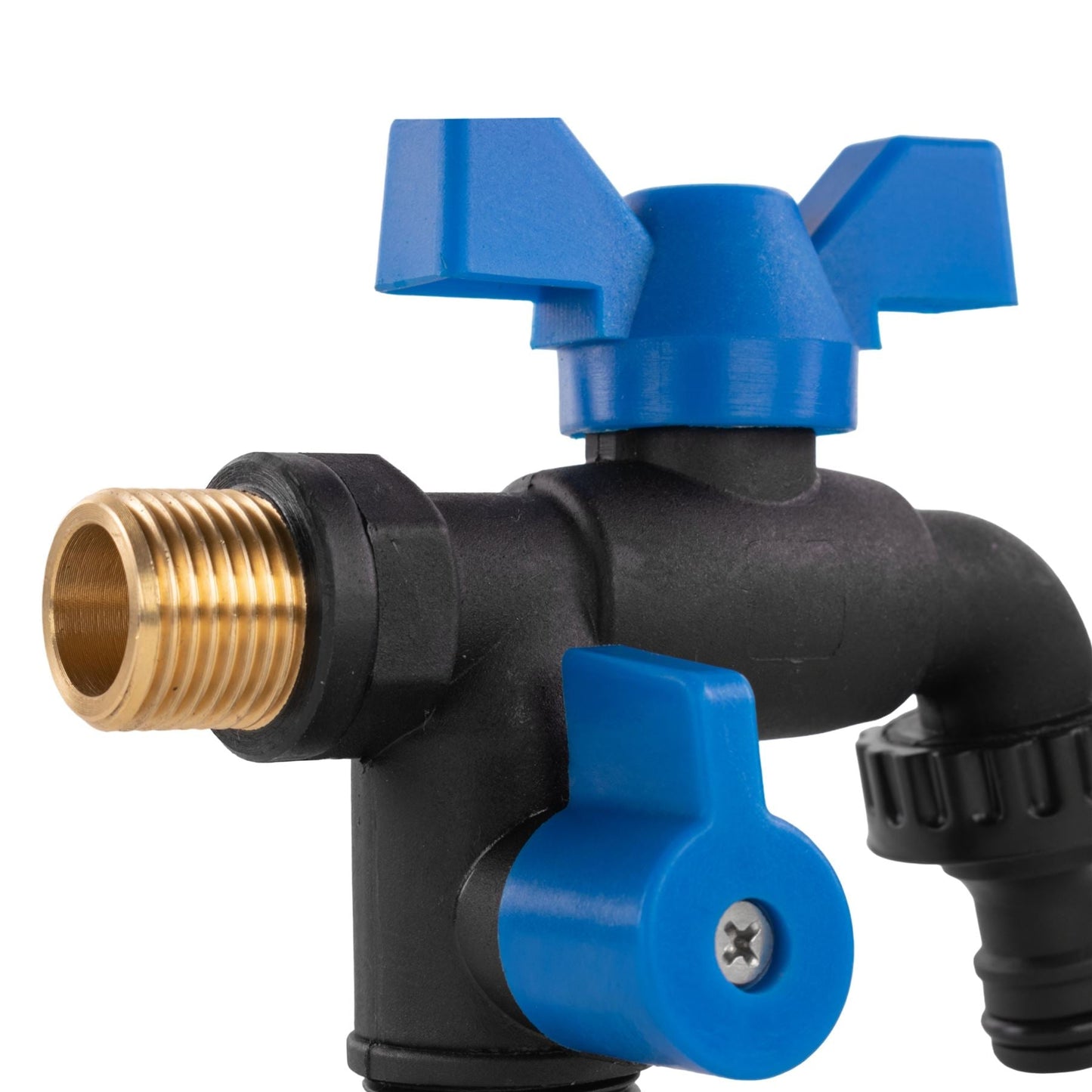 15mm Brass Wall Flange Kit with Garden Bib Double Tap Black/Blue and PTFE Tape Kit