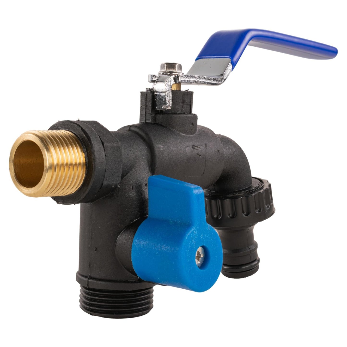 15mm Brass Wall Flange Kit with Garden Lever Double Tap Black/Blue and PTFE Tape Kit