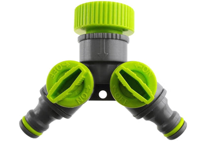 2-Way Tap Connector with 2 x Hose Connectors and 1 x Click-Lock Quick Connection (Lime)