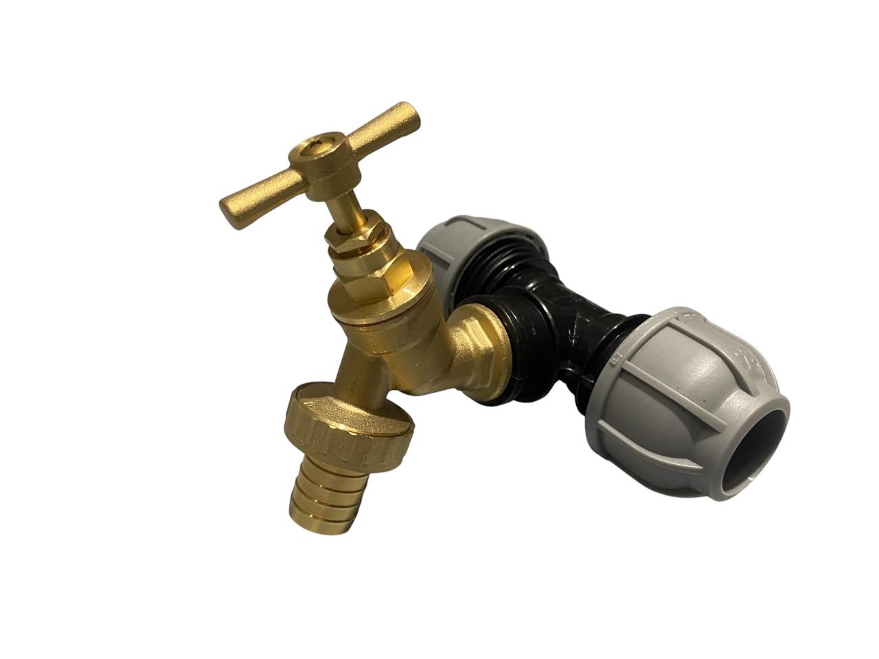 Brass Bib Tap 3/4" Barb with MDPE Tee 32mm - 3/4" BSPF