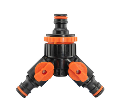 2-Way Tap Splitter Connector with 3 x Quick Connect Outlets (Black/Orange)