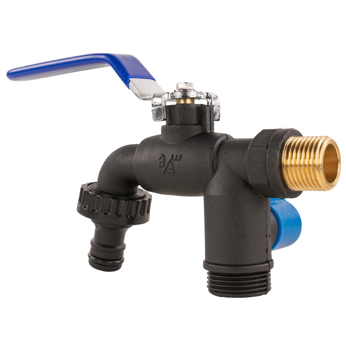 15mm Brass Wall Flange Kit with Garden Lever Double Tap Black/Blue and PTFE Tape Kit