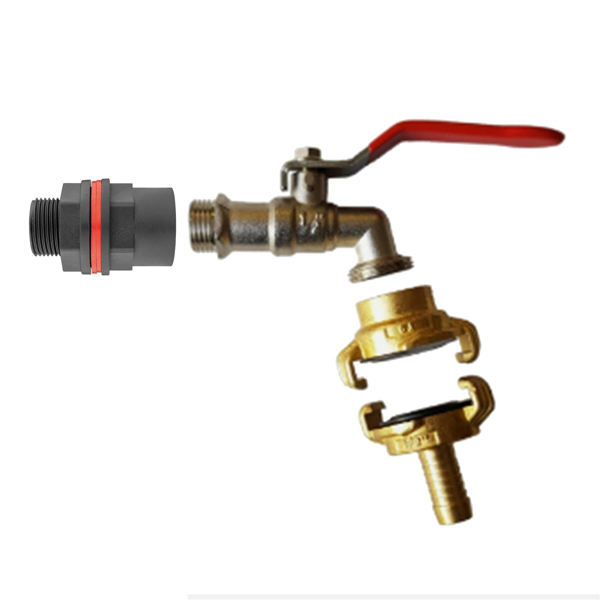 Water Butt Connector 3/4" BSP and Garden Lever Tap with Geka Type Claw 1/2" Hose Barb Connector