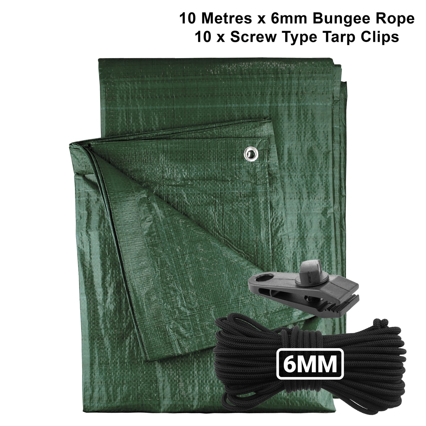 Green M-Grade Tarpaulin with 10m of 6mm Bungee Rope and 10 x Screw Type Tarp Clips
