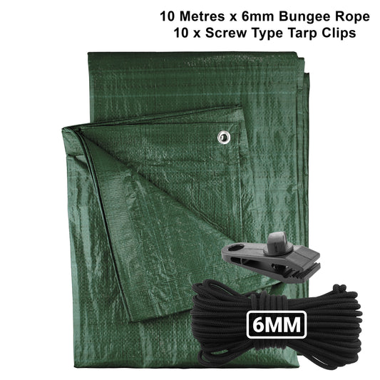 Green M-Grade Tarpaulin with 10m of 6mm Bungee Rope and 10 x Screw Type Tarp Clips