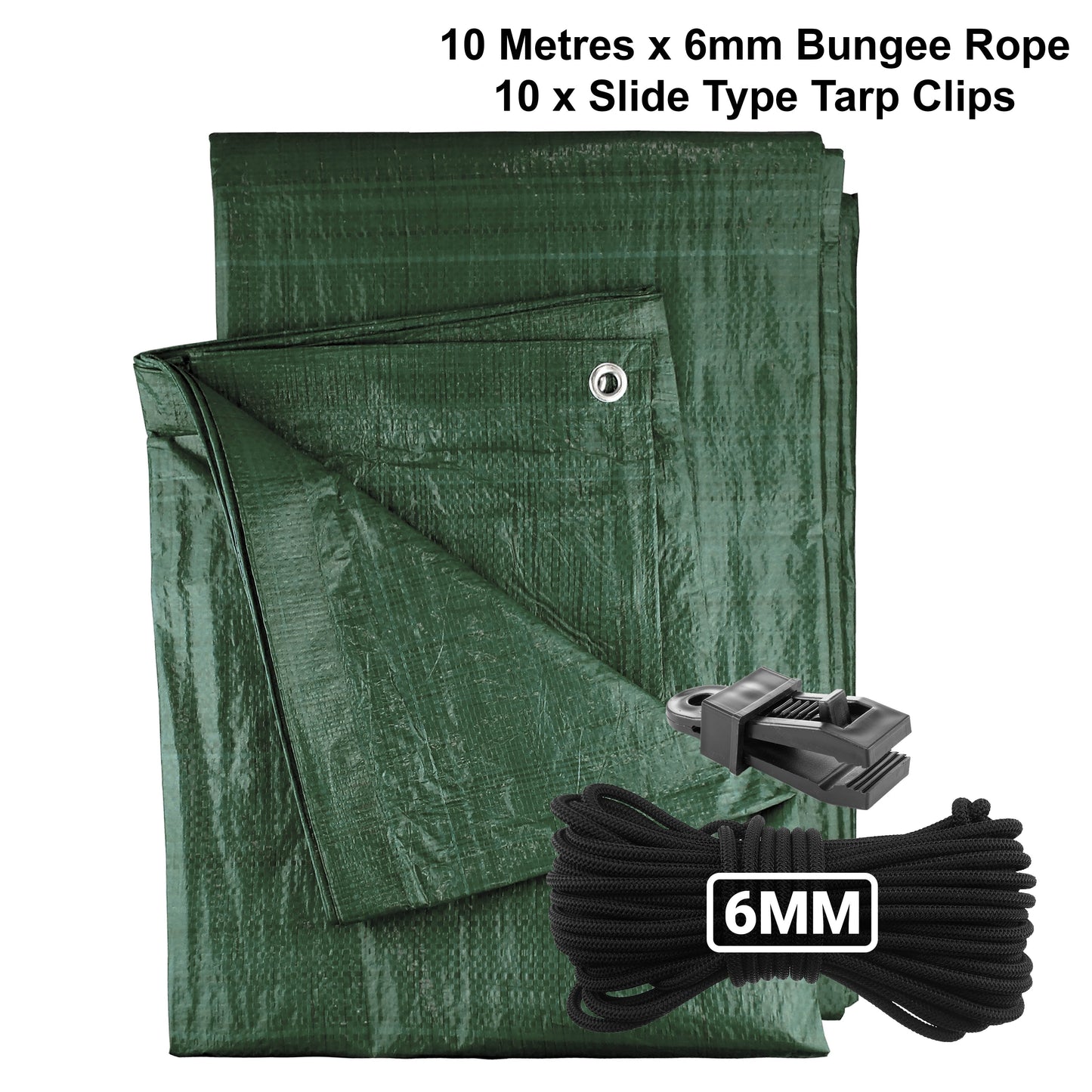 Green M-Grade Tarpaulin with 10m of 6mm Bungee Rope and 10 x Slide Type Tarp Clips