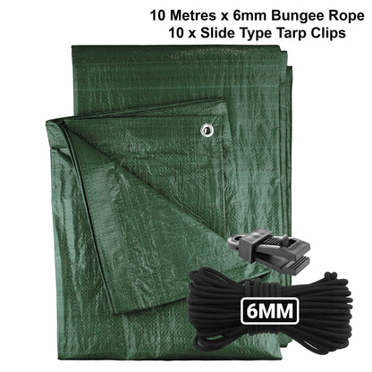 Green M-Grade Tarpaulin with 10m of 6mm Bungee Rope and 10 x Slide Type Tarp Clips