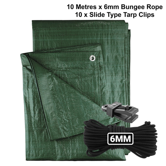 Green M-Grade Tarpaulin with 10m of 6mm Bungee Rope and 10 x Slide Type Tarp Clips